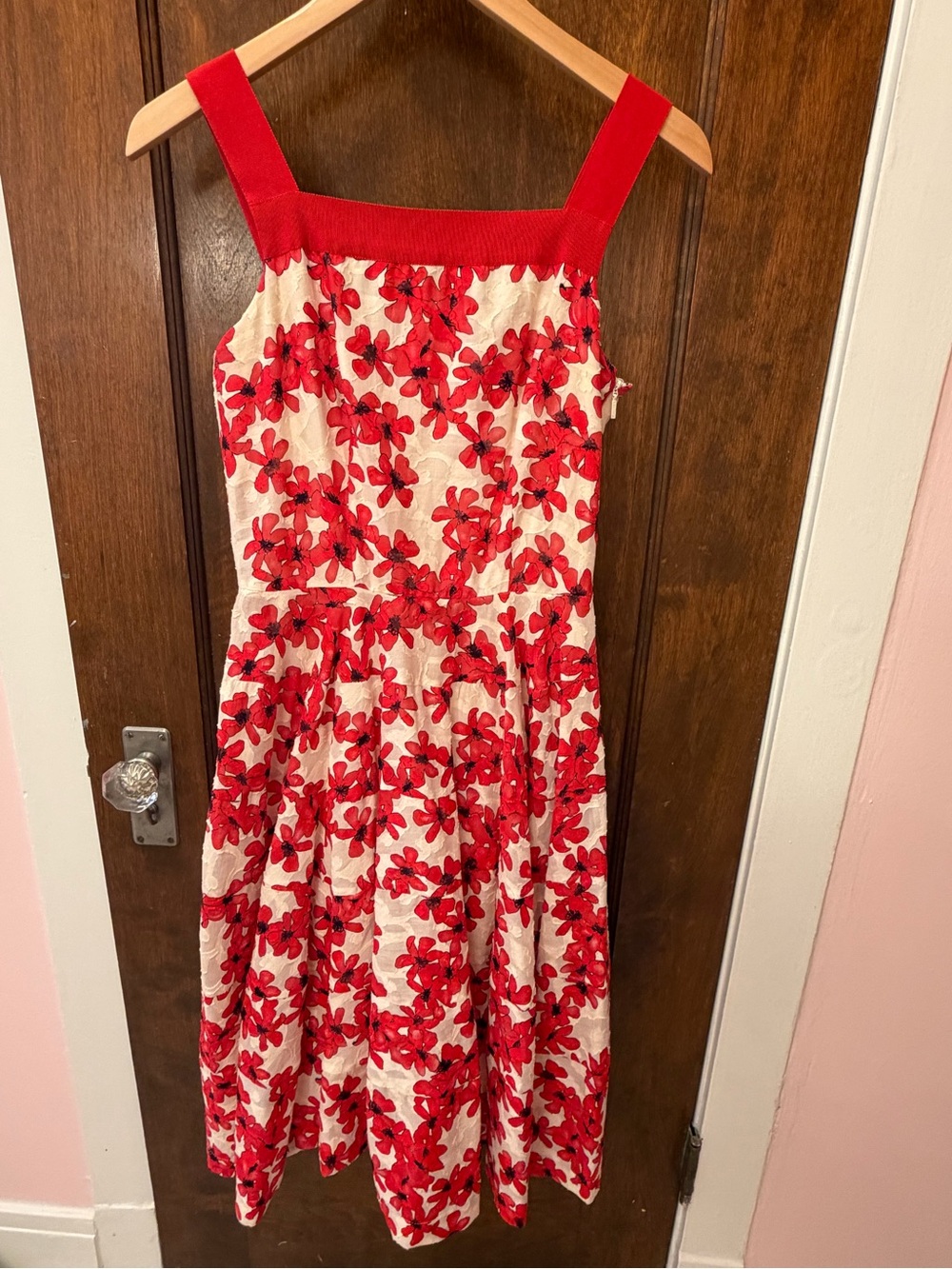 Carolina Herrera Red Floral Square-Neck Midi Dress on Cream